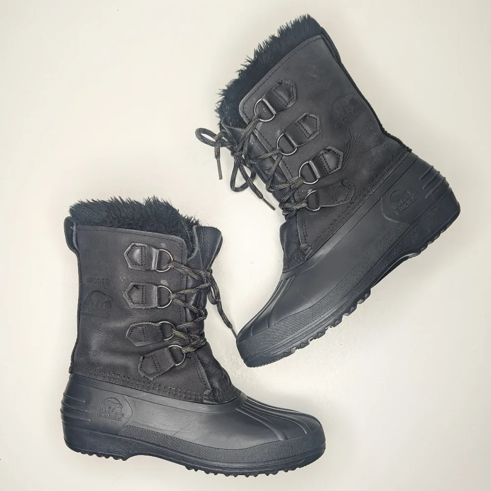 Sorel Badger black boots leather waterproof winter snow vintage lace up size 7